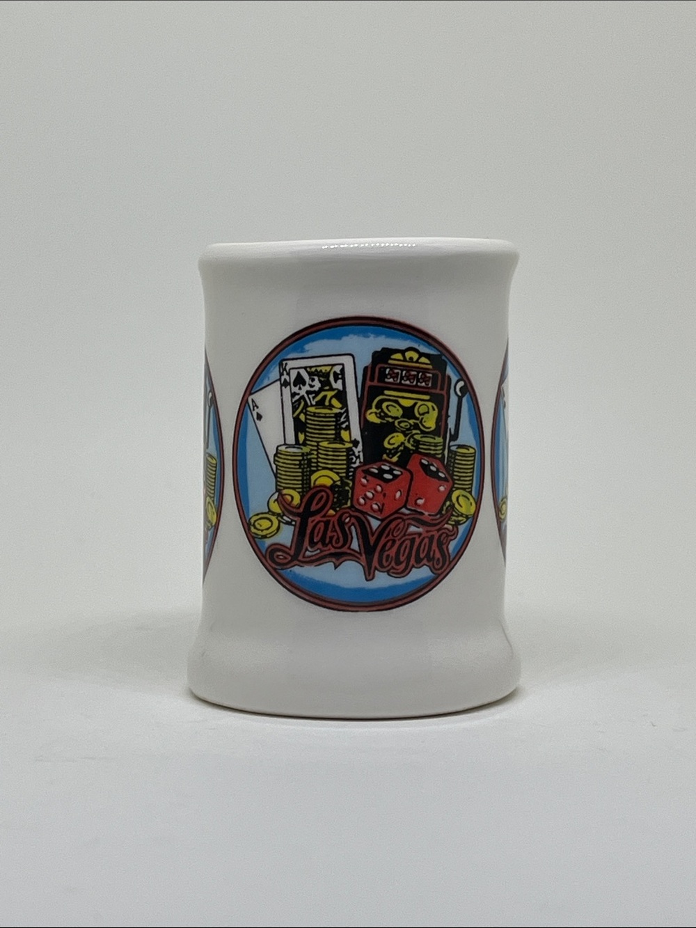 White Las Vegas Ceramic Vintage Mug (Shot Glass) with Colorful Casino Graphic - Picture 2 of 3